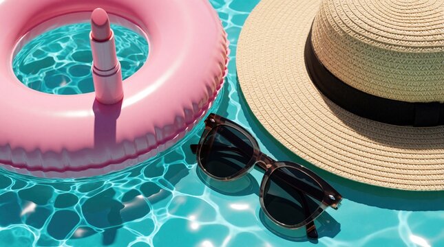 Summer essentials lie on blue pool water. Pink swim ring, straw sun hat, dark sunglasses, lip balm float near edge. Trendy beauty products, fashion accessories for sunny vacation, holiday leisure,