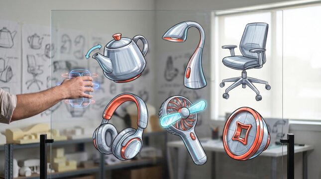Lunar New Year product design concept, person rotating 3D model icons of teapot, lamp, chair, headphones, fan and coin, Chinese New Year gift development and industrial prototyping