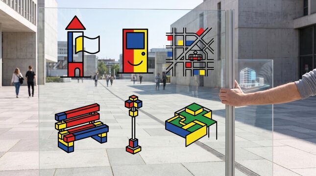 Lunar New Year smart city concept, hands sliding holographic panel with city map, tower, kiosk, street lamp, bench and building layout icons, Chinese New Year urban celebration planning