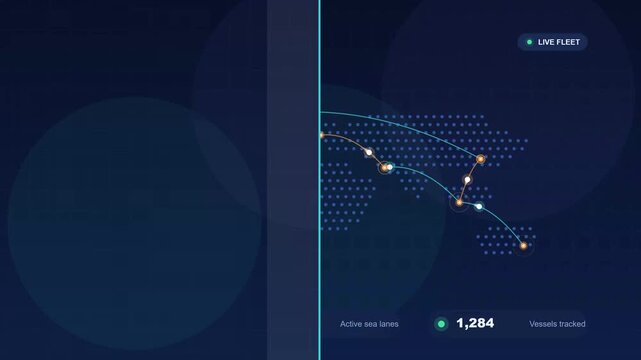 Digital navigation interface displaying global logistics tracking movement across continents with connected nodes and path lines for commercial supply chain management and transportation route