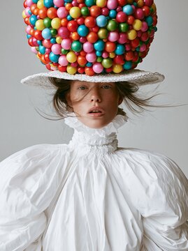 Portrait de mode avant-gardiste avec chapeau orn&eacute; de sph&egrave;res multicolores