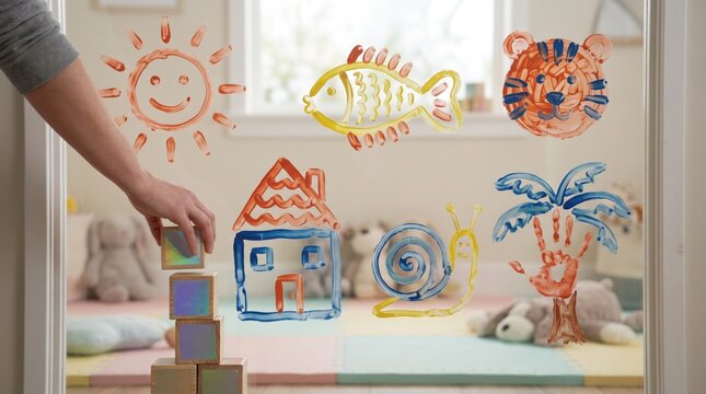 Lunar New Year children's education concept, hands stacking wooden blocks with child drawing icons of sun, fish, tiger, house, snail and palm tree, kids Spring Festival crafts and playful learning