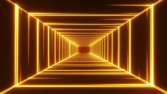 Glowing orange neon lines form a long tunnel receding toward a distant glowing end