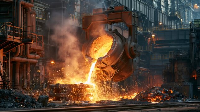 Steel mill ladle pouring molten metal into a casting pit