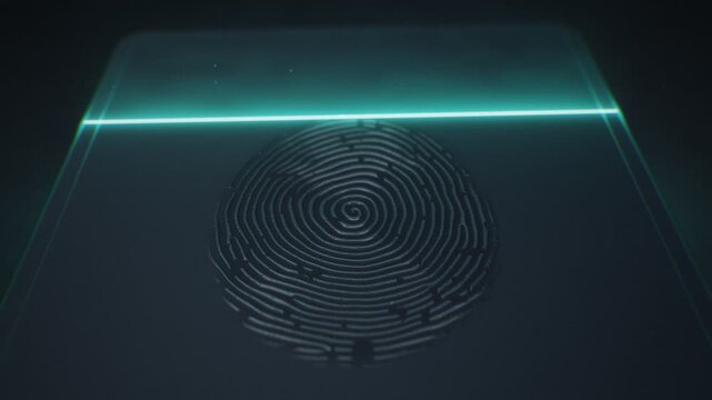 Concentric fingerprint ridges rising in relief on frosted glass slab under teal scanning beam 3D loop