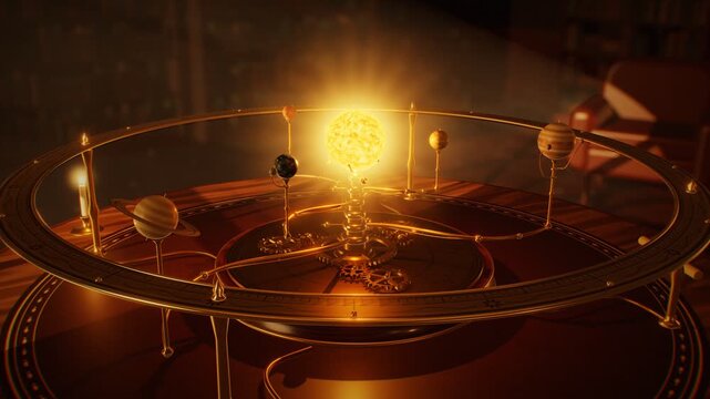 Ornate brass orrery with glowing amber sun and orbiting planets in dark mocha study warm gold light