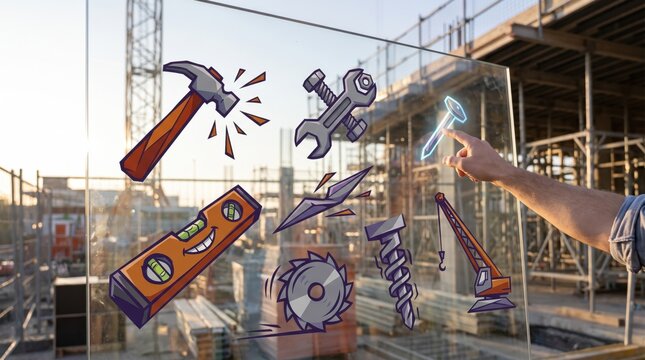 Lunar New Year new beginnings construction concept, hands interacting with icons of hammer, wrench, crane, level and saw, Chinese New Year project planning, engineering and building industry