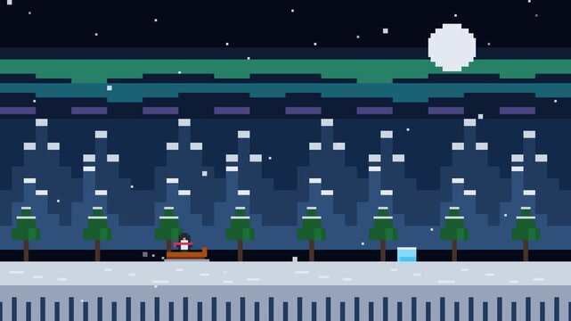 Pixel art winter landscape with cute penguin sledding at night