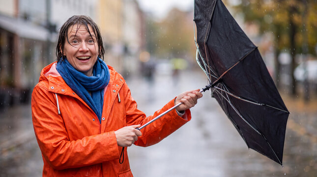 Woman in an orange rain jacket holds an inside-out black umbrella as strong wind blows on a rainy pedestrian street, unexpected weather mishap, urban commute, autumn lifestyle, outdoor scene.
