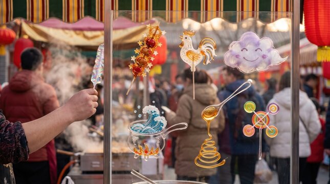 Lunar New Year spun sugar candy concept, person twirling icons of rooster, cloud, candy and waves, Chinese New Year traditional street snacks, festive sweets and temple fair treats