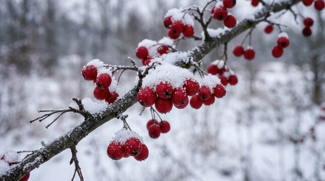 A breathtaking winter scene unfolds with vibrant red berries contrasting against a backdrop of pristine white snow and icy branches