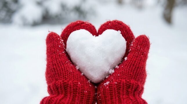 A heartwarming winter scene unfolds as red mittens gently cradle a delicate snow white heart symbolizing love and warmth during