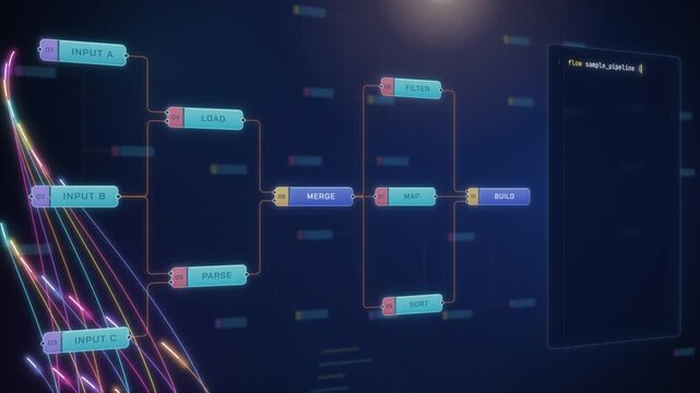 Data pipeline node graph animation, flowchart builds step by step while code editor types matching script