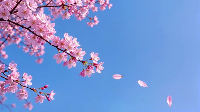 Pink sakura petals falling from blooming branches against clear blue sky in spring. Lockdown shot.