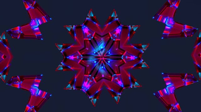 Symmetrical red and blue crystal kaleidoscope pattern radiating from center on dark navy background