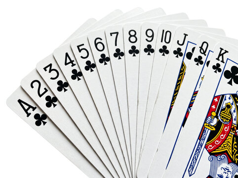 Macro close-up of a fanned hand of thirteen club playing cards, isolated on pure white background, deep black ink with crisp club symbols, glossy finish catching a soft highlight