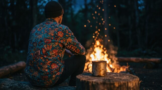A solitary figure enjoys the warmth of a crackling campfire amidst the tranquil beauty of a winter forest embracing the