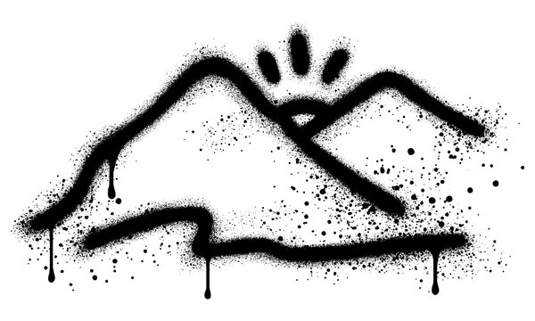 Mountain graffiti with black spray paint. Grunge hill peaks. Distressed brush strokes. Mountain landscape.