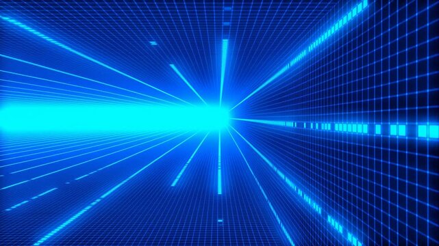 Blue digital grid tunnel with glowing lines converging at a bright central point