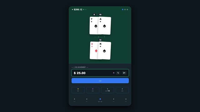 Minimal blackjack casino game interface animation with dealing cards