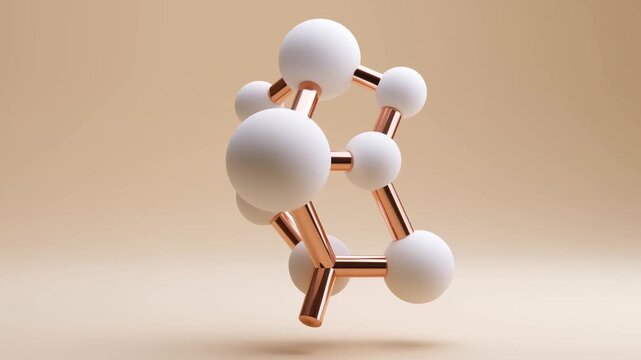 White spheres linked by copper rods form a floating on beige background