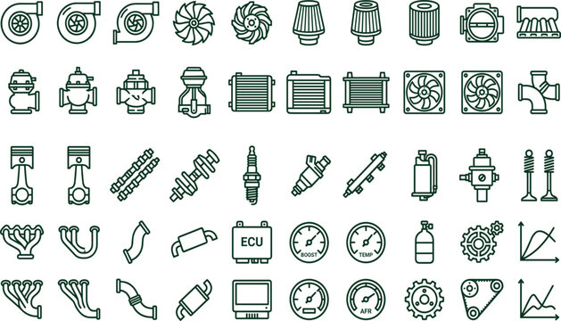 Car Turbocharger and Engine Performance Parts Vector Line Icon Set