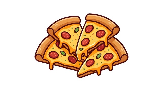 A clean vector illustration of four delicious pepperoni pizza slices stacked together with melting cheese and basil leaves, isolated on a white background.