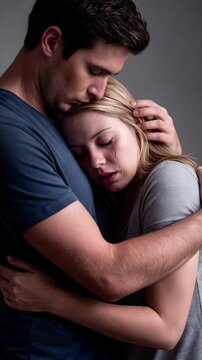 Man comforting weeping blonde girlfriend in studio setting. Young couple sharing emotional embrace and mutual support during personal hardship. Vertical video with close-up shot.