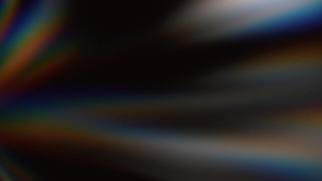 Soft diffraction bands drift horizontally across a shadowy void in a calming 3D render with warm amber and rainbow tones, inspiring peaceful meditation and focus