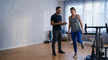 Fototapeta premium Post-fit balance exercise in cycling rehabilitation clinic