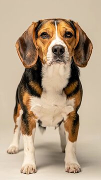 Beagle confident and proud, steady eyes, lifted head, detailed tricolor coat
