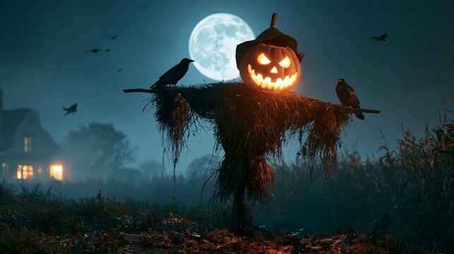 Halloween Holiday Theme. a spooky scene. A large, glowing jackolantern with a carved face sits atop a hay bale, surrounded by two crows perched on a branch. The scene is bathed in a deep blue hue.