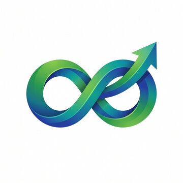 Green and blue infinity symbol ending in an upward arrow to represent progress and continuous growth