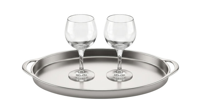 Elegant clear glass wine glasses on a sleek silver metal serving tray, sophisticated drinkware for celebrations and upscale dining, isolated studio shot.