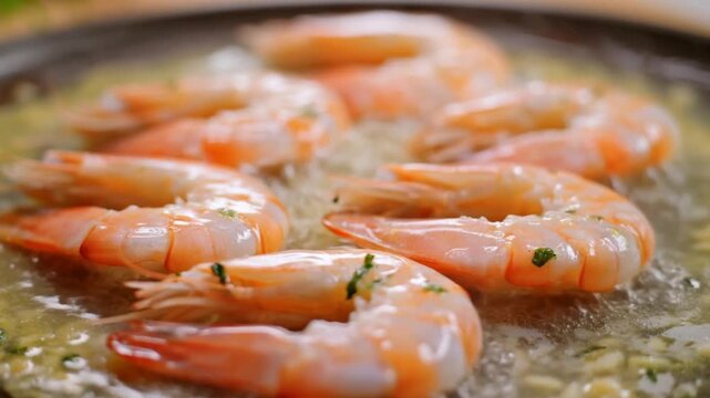 Shrimp simmering in garlic butter sauce in a dark skillet with herbs