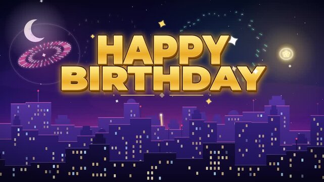 Happy birthday text illustration with golden letters over purple night city skyline with fireworks