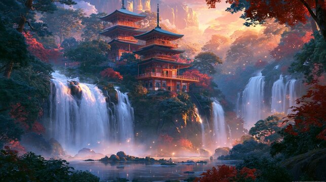 a traditional Japanese pagoda nestled amidst a lush forest during autumn. The pagoda is a multitiered structure with intricate architectural details, painted in rich reds, oranges, and yellows.