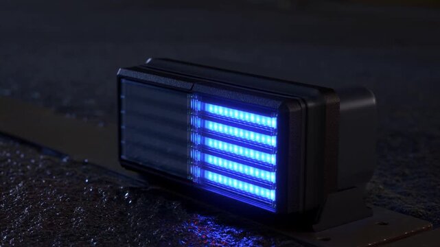 Red and blue LED warning light bar glowing on dark wet road surface at night