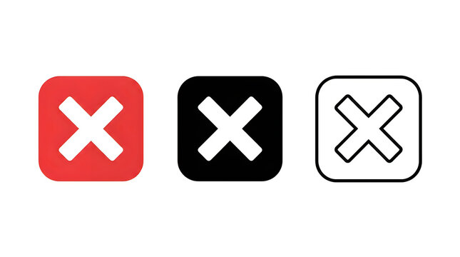 Close up of three cross icon buttons in different colors
