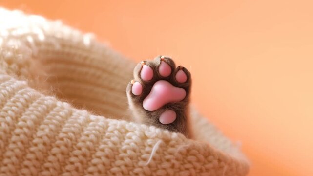 Cat paw with extended claws peeking out of cream knitted blanket on peach background