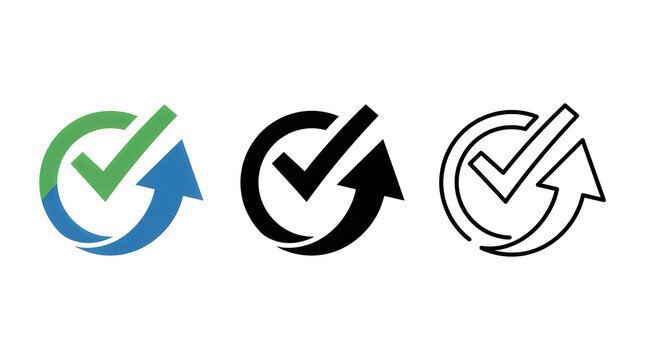 Modern checkmark circular arrow icons set in three styles
