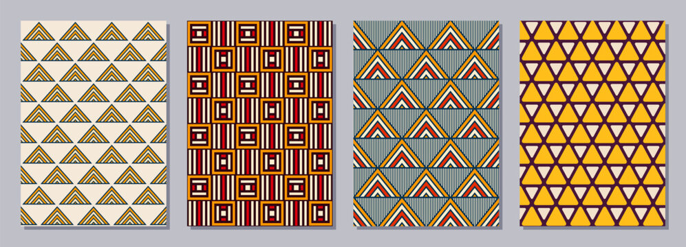 Set of flyers, posters, banners, placards, brochure design templates A6 size. Graphic design templates with color ethnic ornaments. Geometric color patterns backgrounds. Vector background.