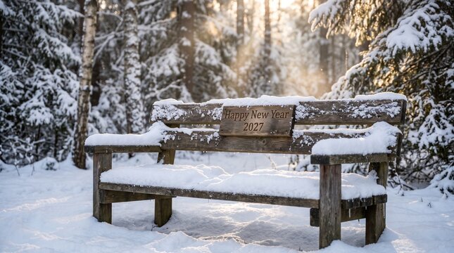 Snowy wooden bench with Happy New Year 2027 sign in winter forest