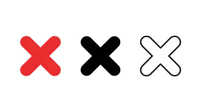 Three stylized x mark icons in red filled, black filled and outline versions