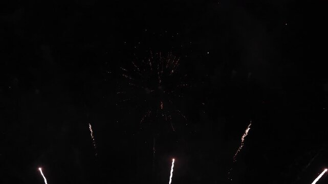 Amazing real beautiful colorful fireworks background on celebration night event for happy new year party or independence day, Abstract Multi color golden firework in the night sky