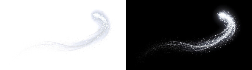 Glitter comet of silver sparkling particles sweeping in a curved fading trail for magical overlays in PNG, Transparent and Black Background Versions © Limon