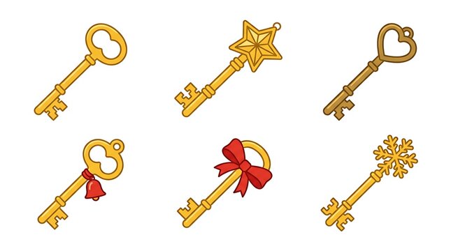Collection of ornate golden keys with decorative elements isolated on white background