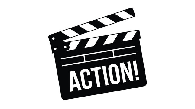 Black and white striped movie clapboard featuring bold action text for media production