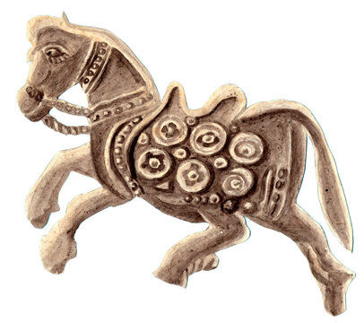 Detail of a ceramic cup featuring a horse in Parthian-Sasanian relief style, Susa 7th-8th century AD. Early Islamic pottery showing Persian artistic tradition. Artwork.