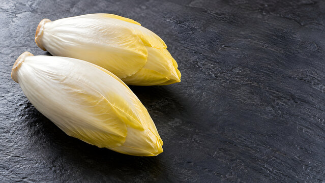 Two Whole Belgian Endive Heads on Dark Slate with Copy Space